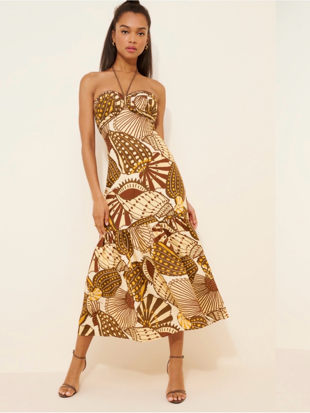 Farm Rio Shell Sleeveless Maxi Dress | Size M | Brown | Linen Resort Maxi